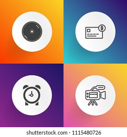 Modern, simple vector icon set on gradient backgrounds with camcorder, wake, microphone, finance, record, cd, compact, professional, watch, time, disc, bank, video, cash, money, reminder, number icons