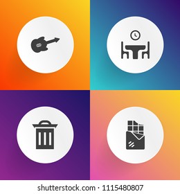 Modern, simple vector icon set on gradient backgrounds with candy, object, music, string, home, gourmet, ecology, musical, tasty, waste, family, food, dinner, delicious, rock, time, happy, snack icons