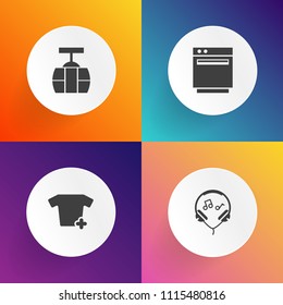Modern, simple vector icon set on gradient backgrounds with train, sound, cooking, music, fashion, burner, kitchen, shirt, player, tee, sign, audio, listen, tourism, stove, digital, headphone icons