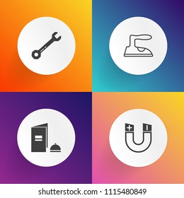 Modern, simple vector icon set on gradient backgrounds with housework, equipment, clothes, hammer, blue, direction, electric, north, tool, south, screwdriver, physics, element, laundry, magnetic icons