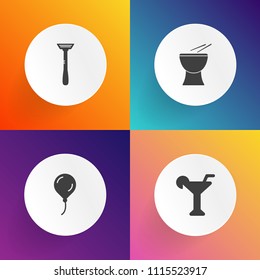 Modern, simple vector icon set on gradient backgrounds with glass, drum, celebrate, instrument, music, decoration, hygiene, sign, cocktail, drink, care, sharp, white, liquor, martini, tropical icons