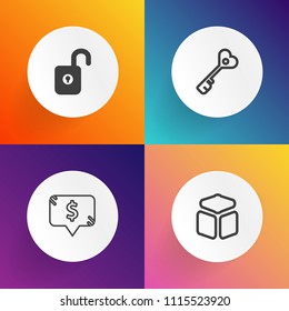 Modern, simple vector icon set on gradient backgrounds with unlock, button, template, ice, sale, secure, sign, background, safe, security, lock, abstract, art, protection, square, home, shop icons