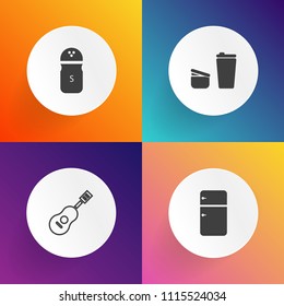 Modern, simple vector icon set on gradient backgrounds with household, refrigerator, cuisine, equipment, morning, cafe, music, drum, acoustic, jazz, white, piano, string, cup, sound, sugar, salt icons