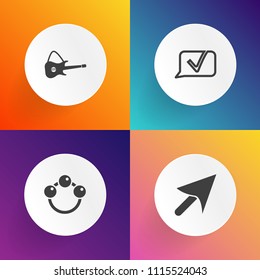 Modern, simple vector icon set on gradient backgrounds with bubble, technology, finger, toy, sign, instrument, infant, arrow, newborn, white, concert, click, hand, cursor, fun, speech, electric icons