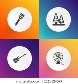 Modern, simple vector icon set on gradient backgrounds with cooler, food, cooling, cold, tree, landscape, pine, clear, blower, electric, trunk, plant, air, wind, cooking, black, forest, musical icons