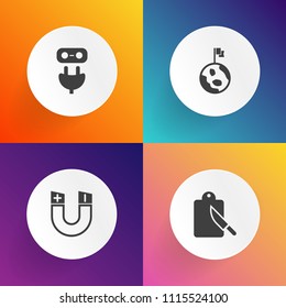 Modern, simple vector icon set on gradient backgrounds with equipment, fork, kitchen, adapter, plug, force, night, spoon, planet, attract, electricity, pole, electric, global, earth, globe, food icons