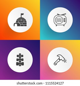 Modern, simple vector icon set on gradient backgrounds with snow, equipment, electric, drill, arctic, tool, weight, construction, sport, instrument, work, technology, hammer, tv, tuner, nature icons