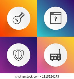 Modern, simple vector icon set on gradient backgrounds with web, culture, wooden, art, text, protection, technology, music, communication, sign, unknown, page, old, computer, sound, wireless icons