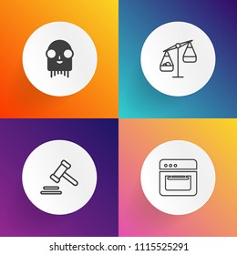 Modern, simple vector icon set on gradient backgrounds with stove, authority, space, judgment, oven, appliance, home, courthouse, food, ufo, equipment, alien, heat, character, measurement, legal icons