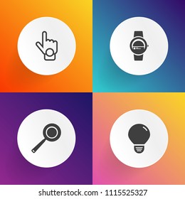 Modern, simple vector icon set on gradient backgrounds with hand, black, bulb, time, idea, watch, power, point, screen, meal, electric, lamp, creative, food, skillet, dinner, sign, person, cook icons