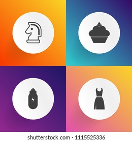 Modern, simple vector icon set on gradient backgrounds with dessert, piece, sign, cake, success, challenge, white, fashion, eating, pre-workout, elegance, game, diet, female, style, cookie, play icons