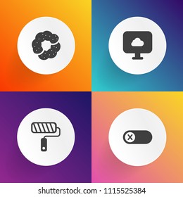 Modern, simple vector icon set on gradient backgrounds with dessert, roll, work, repair, cake, cafe, home, cupcake, cookie, energy, food, roller, web, switch, finger, doughnut, technology, power icons