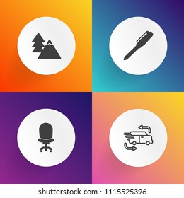 Modern, simple vector icon set on gradient backgrounds with pen, equipment, trunk, green, vehicle, transport, plant, forest, truck, comfort, fast, sofa, modern, school, home, style, foliage, car icons