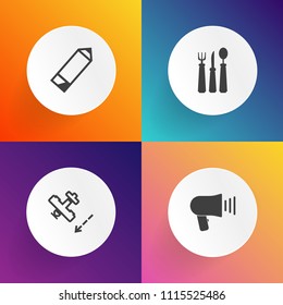 Modern, simple vector icon set on gradient backgrounds with speaker, jet, white, office, kitchen, plane, sound, communication, flight, tourism, media, sky, message, travel, dinner, loudspeaker icons