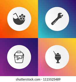 Modern, simple vector icon set on gradient backgrounds with screwdriver, strawberry, household, bar, tropical, lime, clean, alcohol, white, equipment, spanner, bucket, food, party, juice, cold icons
