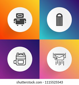 Modern, simple vector icon set on gradient backgrounds with backpack, futuristic, machine, kitchen, postal, delivery, texture, object, grate, science, style, letter, fashion, post, business, bag icons