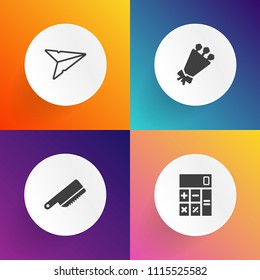 Modern, simple vector icon set on gradient backgrounds with spoon, finance, silverware, technology, summer, sign, pink, restaurant, flower, object, financial, button, business, utensil, envelope icons