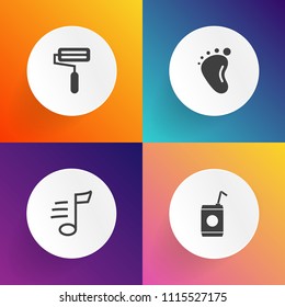 Modern, simple vector icon set on gradient backgrounds with tool, glass, musical, foot, song, liquid, abstract, paint, roll, cute, fresh, melody, food, soda, beverage, graphic, art, summer, ice icons