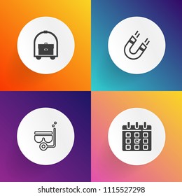 Modern, simple vector icon set on gradient backgrounds with business, leisure, bed, ocean, pole, beach, summer, service, travel, luggage, month, diving, safe, snorkel, magnet, sport, north, date icons