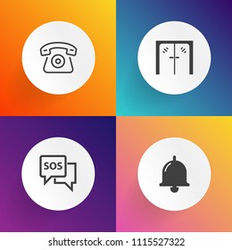 Modern, simple vector icon set on gradient backgrounds with emergency, communication, safety, rescue, doorbell, architecture, indoors, sound, office, mobile, modern, object, cellphone, handle icons