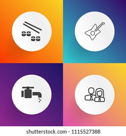 Modern, simple vector icon set on gradient backgrounds with faucet, man, chrome, wash, music, fish, concert, worker, water, person, business, bathroom, hygiene, drop, people, rice, liquid, clean icons