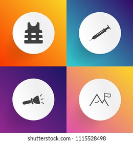 Modern, simple vector icon set on gradient backgrounds with peak, sign, object, medicine, emergency, travel, element, tool, torch, security, ship, flashlight, summer, syringe, fresh, equipment icons