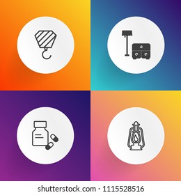 Modern, simple vector icon set on gradient backgrounds with home, table, house, capsule, sofa, lantern, white, building, medical, health, pharmacy, construction, drug, industrial, lamp, vitamin icons