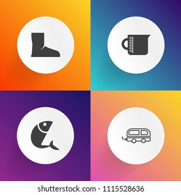 Modern, simple vector icon set on gradient backgrounds with transport, seafood, water, beaker, vehicle, animal, work, cup, equipment, travel, city, shoe, measure, foot, object, glass, utensil icons