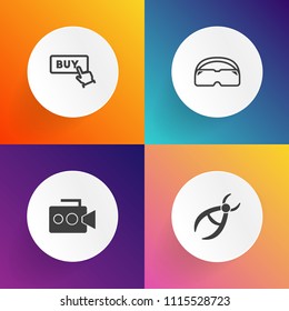 Modern, simple vector icon set on gradient backgrounds with film, diving, care, internet, drill, equipment, lens, media, health, surgery, tool, office, camcorder, water, business, movie, medical icons