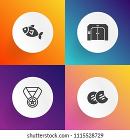 Modern, simple vector icon set on gradient backgrounds with sport, reward, sign, sweet, homemade, candy, white, ocean, lift, delicious, snack, fishing, fish, arrow, chocolate, competition, award icons