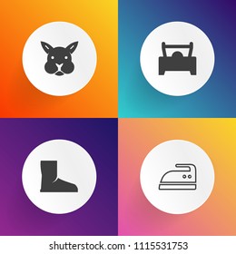Modern, simple vector icon set on gradient backgrounds with animal, automobile, household, wear, cartoon, electric, domestic, silhouette, foot, graphic, shoe, housework, equipment, auto, laundry icons