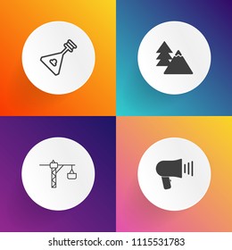 Modern, simple vector icon set on gradient backgrounds with sound, screwdriver, message, landscape, concert, voice, forest, trunk, work, construction, art, wooden, tree, collection, melody, play icons