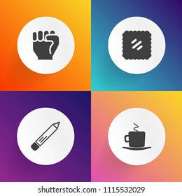 Modern, simple vector icon set on gradient backgrounds with postal, human, paper, white, pencil, coffee, cappuccino, cafe, object, espresso, office, business, old, mug, latte, postage, arm, hot icons