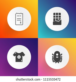 Modern, simple vector icon set on gradient backgrounds with clothes, science, brown, blue, sweet, boy, bill, candy, dark, cute, kid, bar, fashion, spaceship, paper, space, chocolate, financial icons