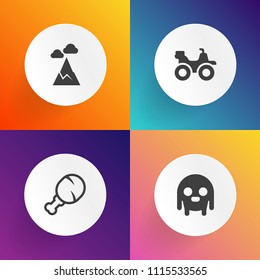 Modern, simple vector icon set on gradient backgrounds with riding, spaceship, sandwich, fantasy, landscape, fast, character, ufo, space, snack, burger, alien, quad, peak, panorama, nature, bike icons