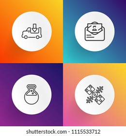 Modern, simple vector icon set on gradient backgrounds with communication, implant, tooth, health, dental, medical, system, tool, transport, equipment, shipping, mail, post, trailer, lorry, open icons