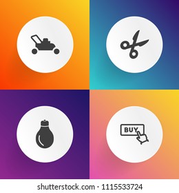 Modern, simple vector icon set on gradient backgrounds with lamp, lawnmower, cut, black, motor, power, label, button, idea, tool, garden, mower, shop, green, lightbulb, creative, silhouette, buy icons
