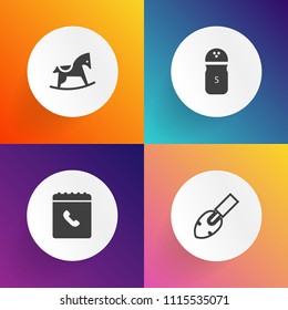 Modern, simple vector icon set on gradient backgrounds with childhood, instrument, address, business, fun, toy, ingredient, work, web, internet, information, book, kitchen, hammer, black, kid icons