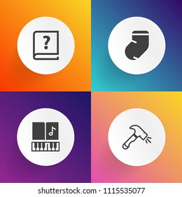 Modern, simple vector icon set on gradient backgrounds with language, equipment, script, book, author, treble, sound, vintage, graphic, gray, writer, note, brush, melody, hammer, instrument, key icons