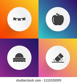 Modern, simple vector icon set on gradient backgrounds with school, beautiful, white, vegetarian, apple, food, office, nature, party, business, happy, flag, outdoor, event, rubber, healthy, red icons