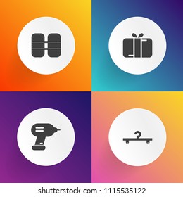 Modern, simple vector icon set on gradient backgrounds with pressure, white, store, regulator, christmas, drill, hanger, gift, air, tank, bow, present, compressed, surprise, work, decoration icons