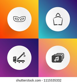 Modern, simple vector icon set on gradient backgrounds with repair, fun, traditional, file, music, help, web, video, transport, emergency, celebration, carnival, , truck, road, auto, festival icons