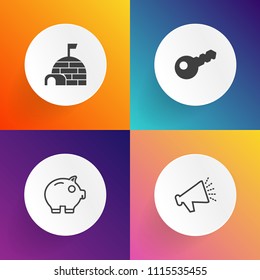 Modern, simple vector icon set on gradient backgrounds with coin, lock, inuit, music, sign, security, cash, speaker, cold, loud, money, voice, sky, investment, shelter, sound, ice, loudspeaker icons