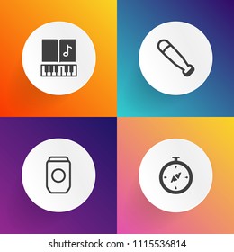 Modern, simple vector icon set on gradient backgrounds with can, tin, note, play, wood, bat, graphic, black, east, baseball, canned, navigation, direction, game, metal, key, white, map, product icons