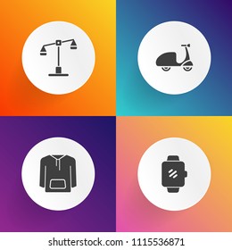 Modern, simple vector icon set on gradient backgrounds with balance, wristwatch, smartwatch, judge, clothing, internet, gadget, cyclist, touch, watch, coat, mobile, fashion, clothes, cycle, wear icons
