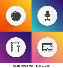 Modern, simple vector icon set on gradient backgrounds with food, interview, office, shorts, textile, apple, clothing, recruitment, concept, uniform, job, diet, vegetarian, business, resume, red icons