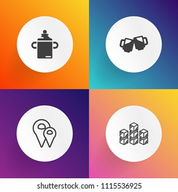 Modern, simple vector icon set on gradient backgrounds with glass, warehouse, foam, storehouse, storage, location, delivery, gps, map, bottle, navigation, white, childhood, baby, distribution icons