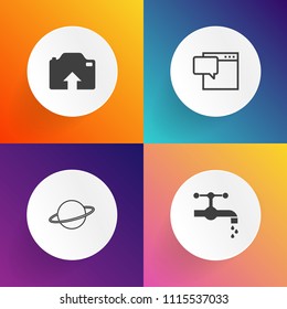 Modern, simple vector icon set on gradient backgrounds with kitchen, system, picture, talk, white, interior, plumbing, tap, chatting, faucet, solar, sun, orbit, bathroom, star, sign, bubble, web icons