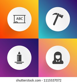 Modern, simple vector icon set on gradient backgrounds with blank, wax, equipment, empty, beautiful, flame, tool, candle, style, person, construction, girl, glow, hammer, portrait, black, bright icons