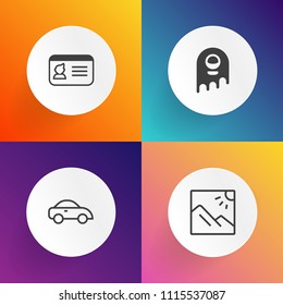 Modern, simple vector icon set on gradient backgrounds with space, security, sky, vehicle, yellow, vacation, alien, taxi, id, transport, identification, document, city, business, auto, name, cab icons